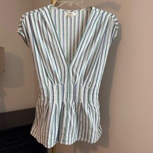 Max Studio Cotton Cap Sleeve Peplum Top in White, Blue & Green - Small